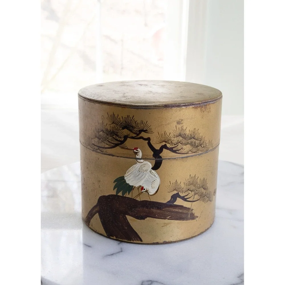 Vintage Japanese Tea Tin Chazutsu Caddy Metal Hand Painted Cranes Tress 4